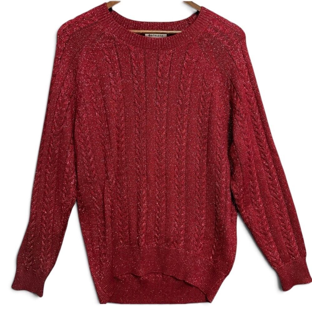 Athleta Metallic Cable Knit Sweater Medium Red Sparkle Holiday Crewneck Pullover